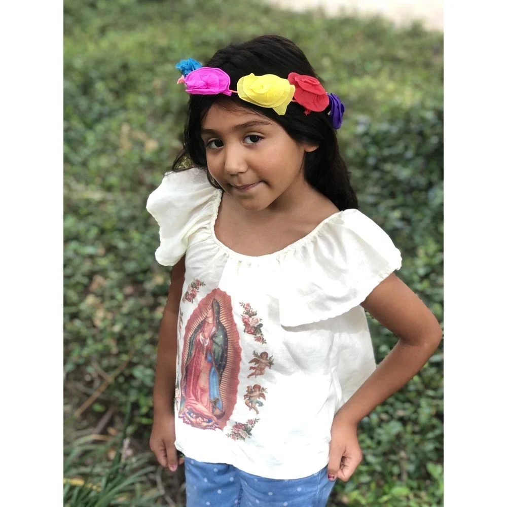 Mexican Printed Virgencita White Top for Girls - Picture 3 of 6